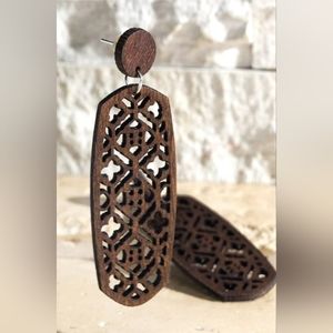 Wood Laser Cut Filigree Drop Earrings (Dark)